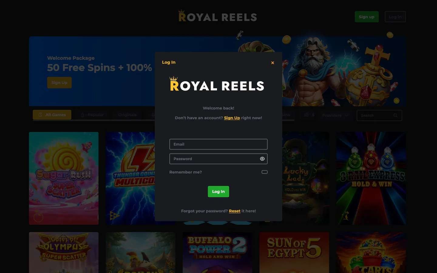 Royal Reels Casino login page for Australian players